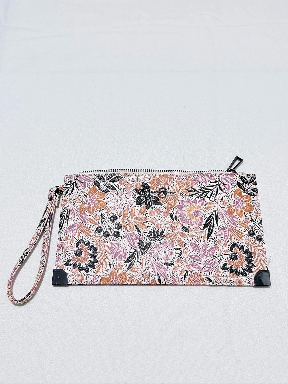 Jessica Simpson Floral Wristlet Clutch Wallet Pink Orange Black Zip Pouch